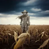 Lonely scarecrow standing in an empty cornfield under a cloudy sky in an image generated by a prompt. - Image 4