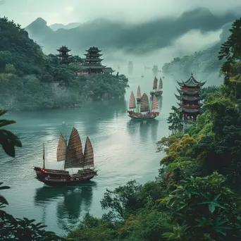 Chinese junks on misty river - Image 1