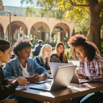 Students collaborating outdoors on exam preparation. - Image 1