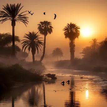 Oasis at dawn with mist and wildlife - Image 1