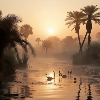 Oasis at dawn with mist and wildlife - Image 2