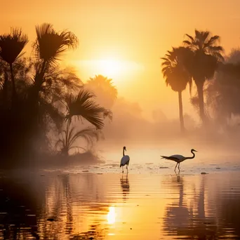 Oasis at dawn with mist and wildlife - Image 3