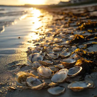 Oyster shells on the beach during golden hour - Image 2