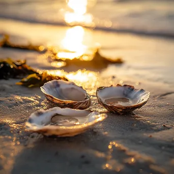 Oyster shells on the beach during golden hour - Image 3