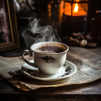 Cup of black coffee on a vintage newspaper backdrop. - Image 1