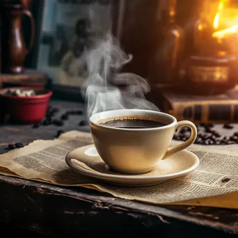 Cup of black coffee on a vintage newspaper backdrop. - Image 2