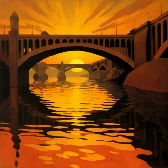 Iconic city bridge at sunset with fiery sky reflection - Image 2