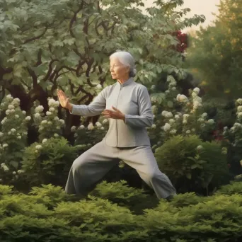 Elderly woman with silver hair practicing Tai Chi in a peaceful garden at dawn - Image 4