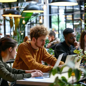 Developers coding in a cozy co-working space with plants and cloud references. - Image 3