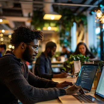 Developers coding in a cozy co-working space with plants and cloud references. - Image 4