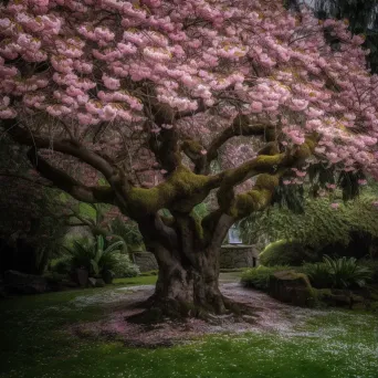 Cherry blossom tree in full bloom in lush garden with falling pink petals - Image 1