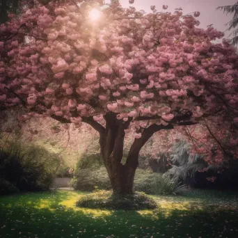 Cherry blossom tree in full bloom in lush garden with falling pink petals - Image 2