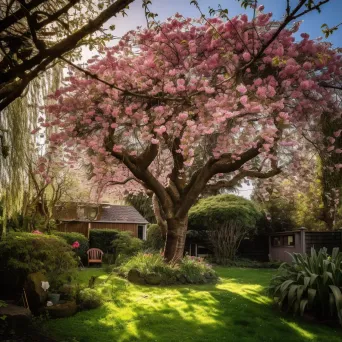 Cherry blossom tree in full bloom in lush garden with falling pink petals - Image 3