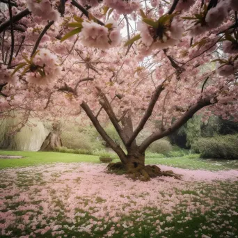 Cherry Blossom Tree in Lush Garden