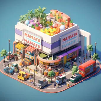 Isometric view of a low poly bustling supermarket with vibrant produce aisles - Image 1