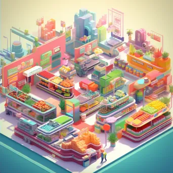 Isometric view of a low poly bustling supermarket with vibrant produce aisles - Image 2