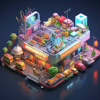 Isometric view of a low poly bustling supermarket with vibrant produce aisles - Image 3