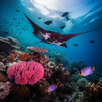 Serene coral reef with manta rays swimming overhead, taken with a Fujifilm GFX 100S. - Image 1