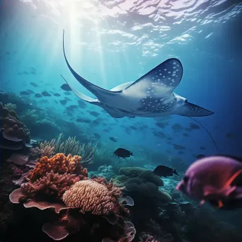 Serene coral reef with manta rays swimming overhead, taken with a Fujifilm GFX 100S. - Image 2