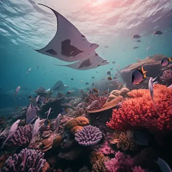 Serene coral reef with manta rays swimming overhead, taken with a Fujifilm GFX 100S. - Image 3