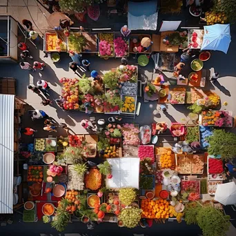 Overhead shot of a vibrant street market displaying fresh flowers and plants in various colors. - Image 1