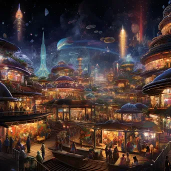 Bustling alien marketplace illuminated by starlight, amalgamation of future and Mayan art - Image 1