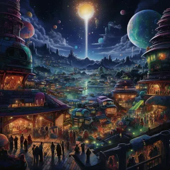 Bustling alien marketplace illuminated by starlight, amalgamation of future and Mayan art - Image 2