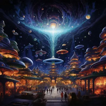 Bustling alien marketplace illuminated by starlight, amalgamation of future and Mayan art - Image 4