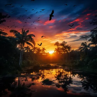 Colorful sunset over jungle landscape with silhouettes - Image 1