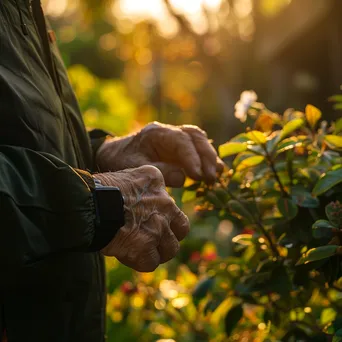 Elderly individual using smartwatch while relaxing in garden - Image 2