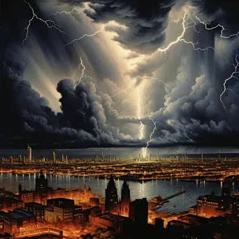 Illustration of a thunderstorm over an urban landscape with lightning strikes lighting up the sky. - Image 2