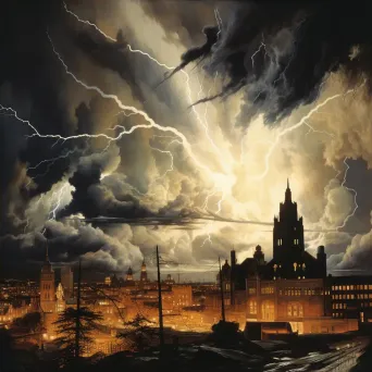 Illustration of a thunderstorm over an urban landscape with lightning strikes lighting up the sky. - Image 4