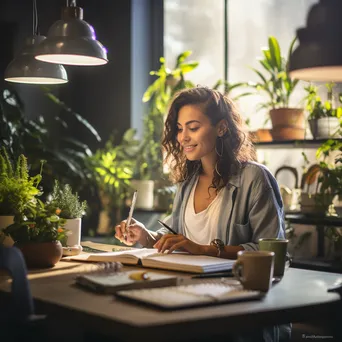 Young professional with coffee, notebook, and planner at a desk - Image 2