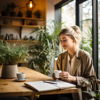 Young professional with coffee, notebook, and planner at a desk - Image 3