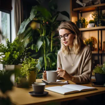 Young professional with coffee, notebook, and planner at a desk - Image 4