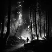 Illustration of a forest fire raging at night with flames casting light in the dark. - Image 3