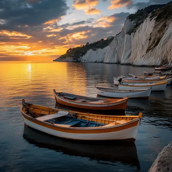 Serene fishing coastline with anchored boats and a sunset backdrop. - Image 2