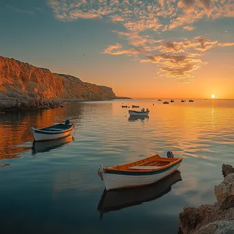 Serene fishing coastline with anchored boats and a sunset backdrop. - Image 3