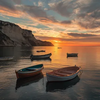 Serene fishing coastline with anchored boats and a sunset backdrop. - Image 4