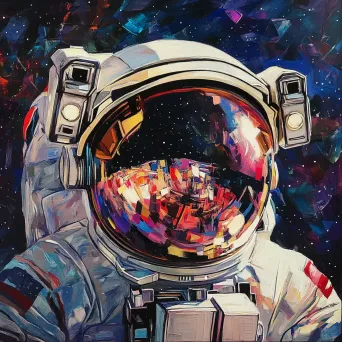 Cubist-style artwork featuring an astronaut in outer space with reflected stars - Image 1