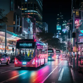 Neon buses navigating an urban intersection at night - Image 1