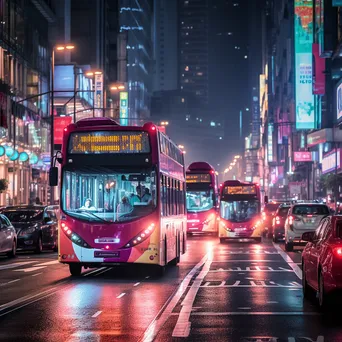 Neon buses navigating an urban intersection at night - Image 3