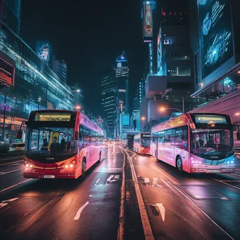 Neon buses navigating an urban intersection at night - Image 4