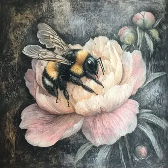 Charcoal and pastel art of a bee on a peony flower - Image 2