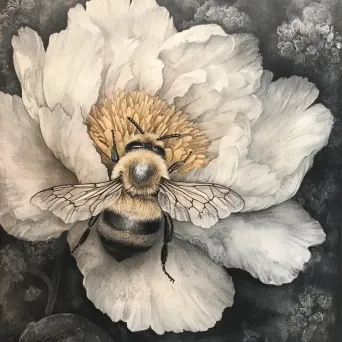 Charcoal and pastel art of a bee on a peony flower - Image 3