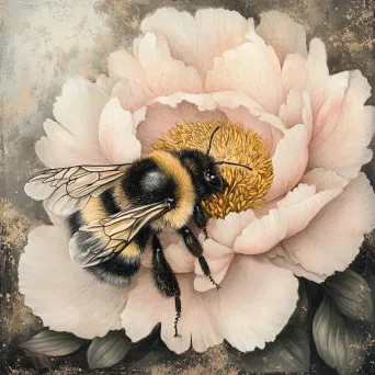 Charcoal and pastel art of a bee on a peony flower - Image 4