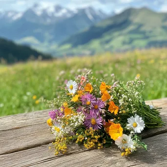 Bouquet of fresh alpine wildflowers on a wooden table - Image 3