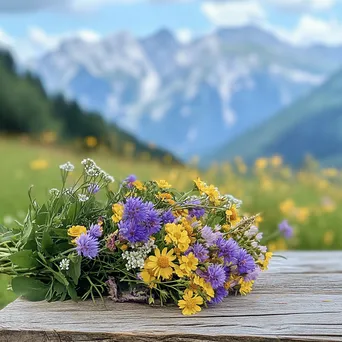 Bouquet of fresh alpine wildflowers on a wooden table - Image 4