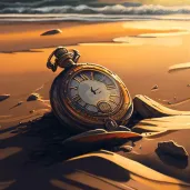 Rusted pocket watch buried in sandy beach with gentle waves - Image 3