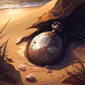 Rusted pocket watch buried in sandy beach with gentle waves - Image 4